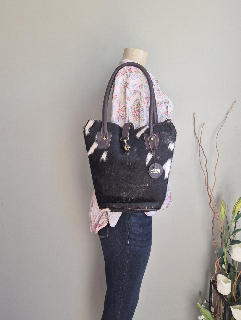 Black and White Cowhide Leather Tote Bag - Genuine Leather